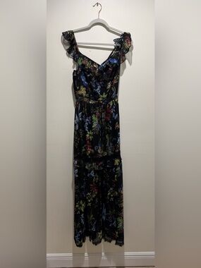 Studio F Floral Ruffle Maxi Dress Black Romantic Lace Trim Size 10